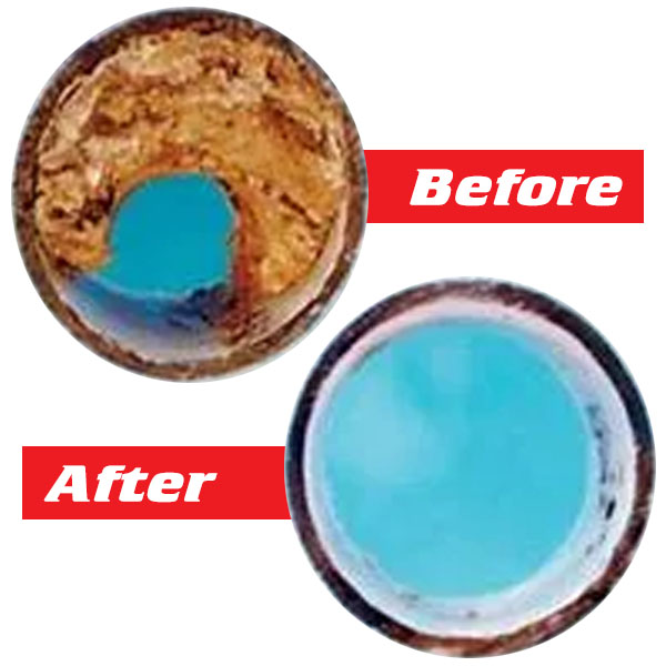 A before and after picture showing a clogged drain pipe and a clean drain pipe.